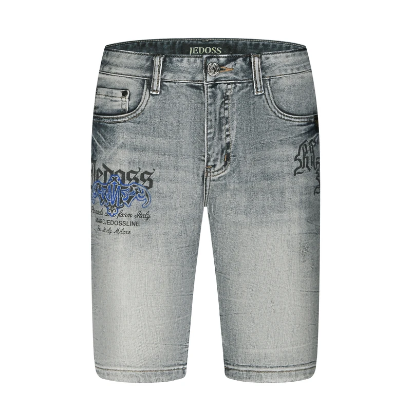 JEDOSS/爵迪斯2025破洞新款薄款LOGO鸢尾花撞色宽松牛仔中裤潮53B