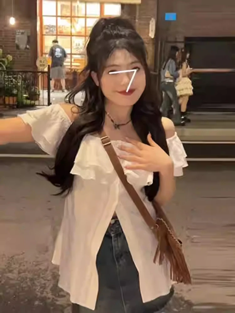 大码微胖一字肩短袖衬衫女夏胖mm显瘦收腰正肩设计感小众法式上衣