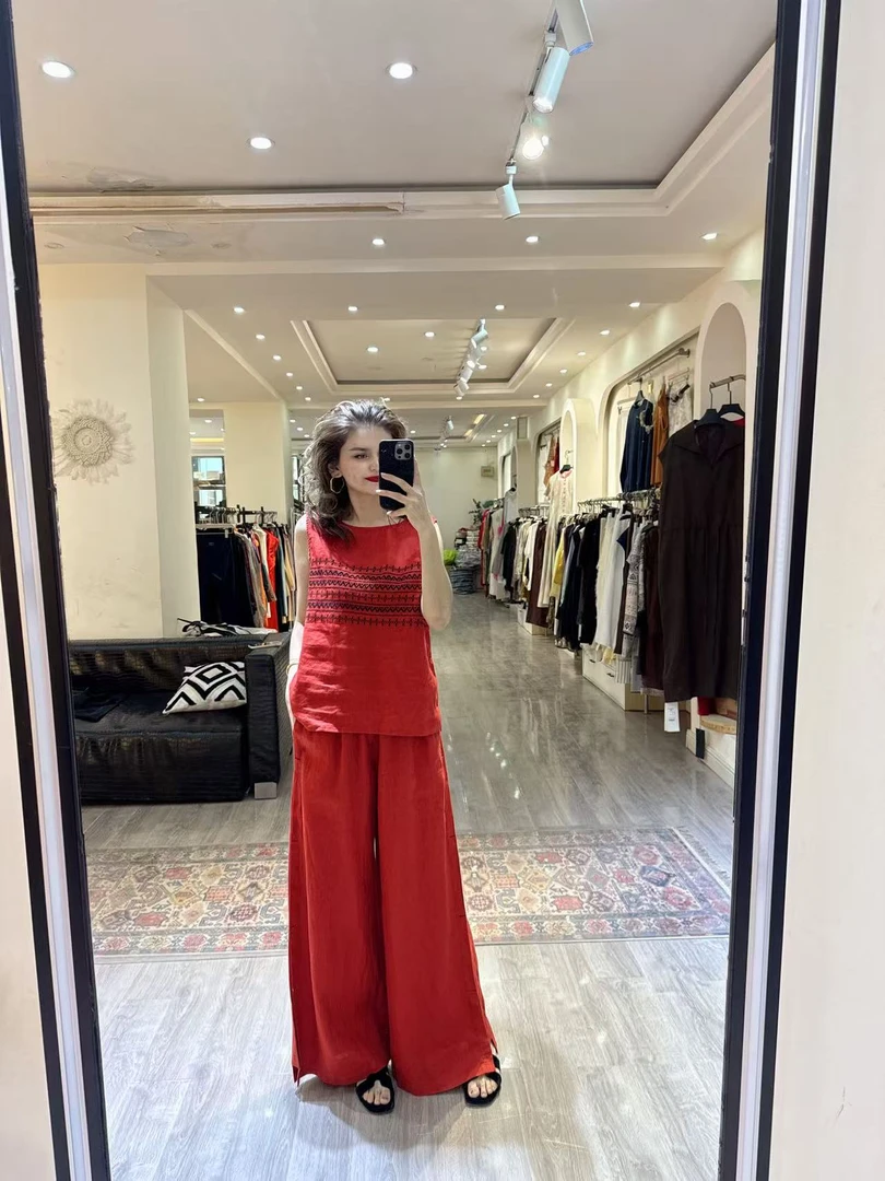 2025年自家原创设计无袖上衣阔腿裤子女款两件套套装