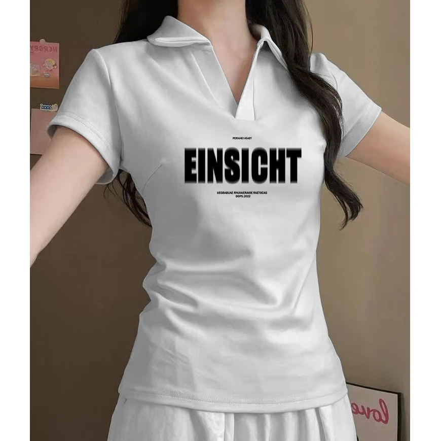 收腰短款正肩Polo衫上衣百搭白色正肩短袖女t恤修身设计感小众