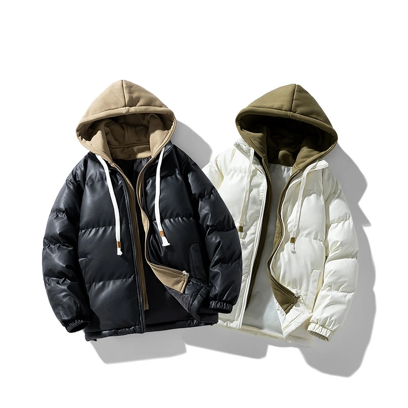 仓石一树冬季新款棉衣外套青少年加厚连帽假两件棉服轻奢痞帅男装