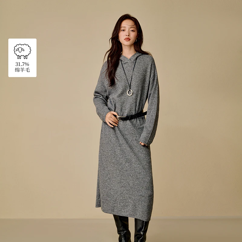 【年终狂欢季】茵曼25冬季格雷系连帽直筒落肩长袖毛织针织连衣裙