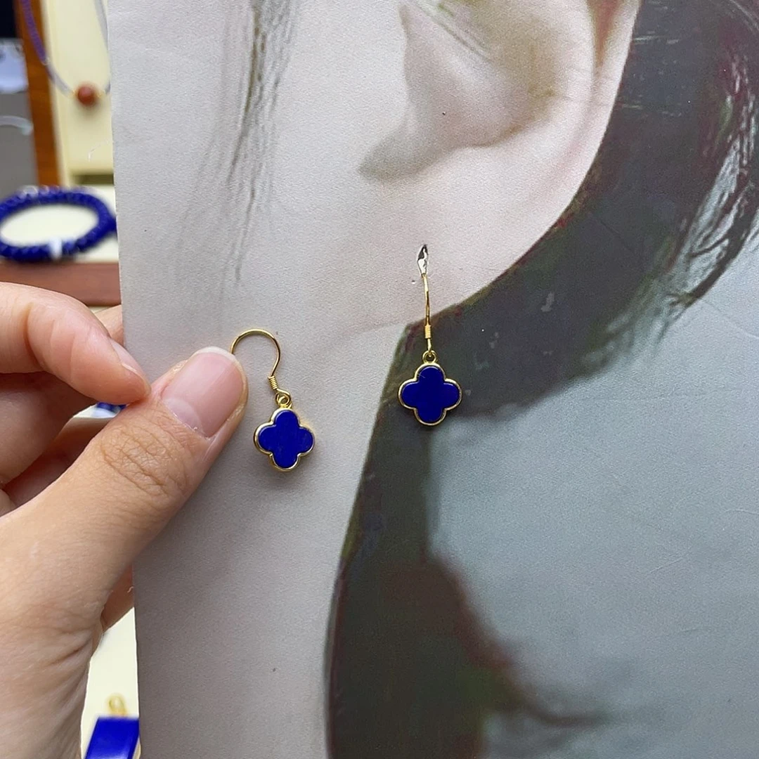 青金石银S925镀金镶嵌耳饰四叶草