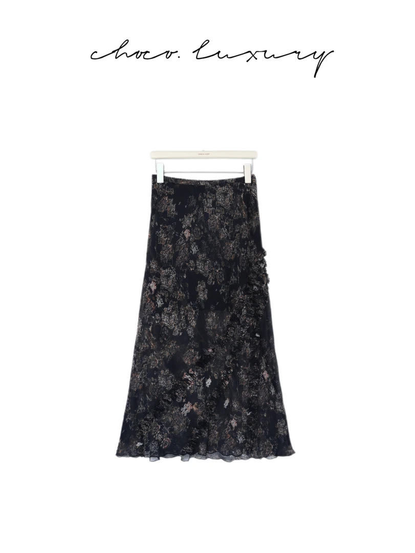 CHOCO【秘境】轻奢 复古印花 荷叶边轻薄显瘦半身裙 C1207