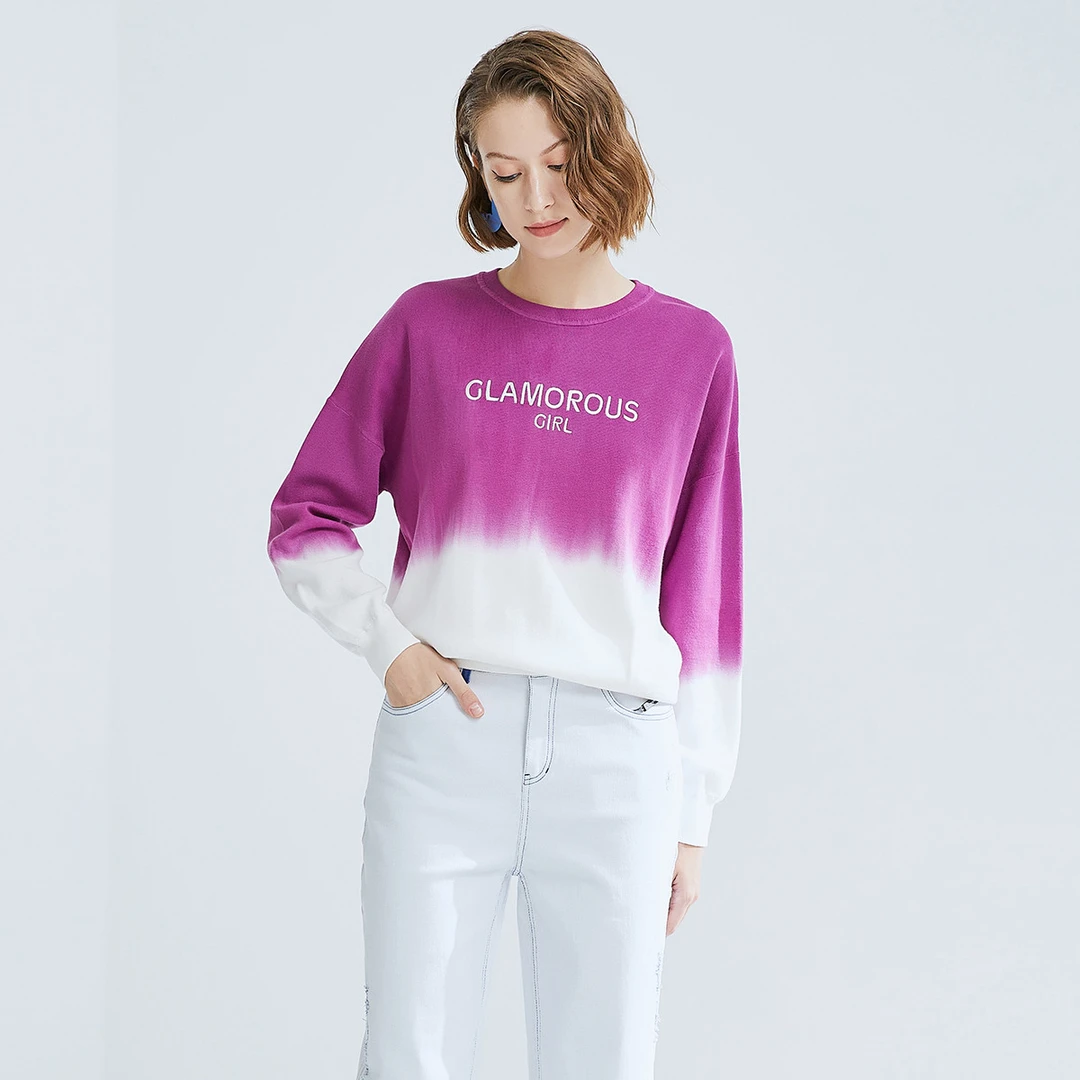 【诗语专属】舒适百搭圆领针织衫女秋季字母刺绣渐变拼色长袖上衣