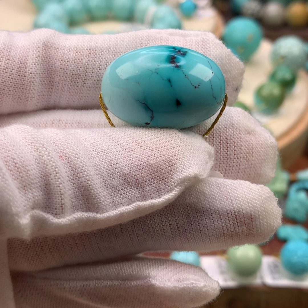 绿松石未镶嵌珠宝奇石高瓷蓝水草纹枣珠17*25mm