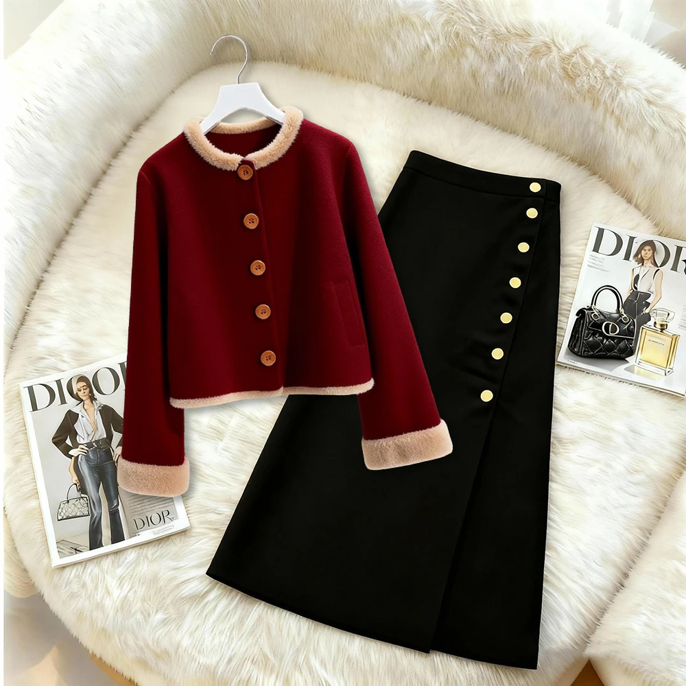 2025冬季新款韩版时尚复古超好看外套显瘦半身裙一整套装女装爆款