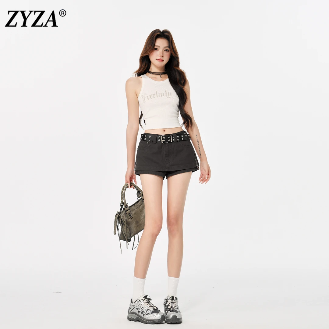 ZYZA时尚a字牛仔短裤女秋季新款小个子高腰修身设计感辣妹包臀裙