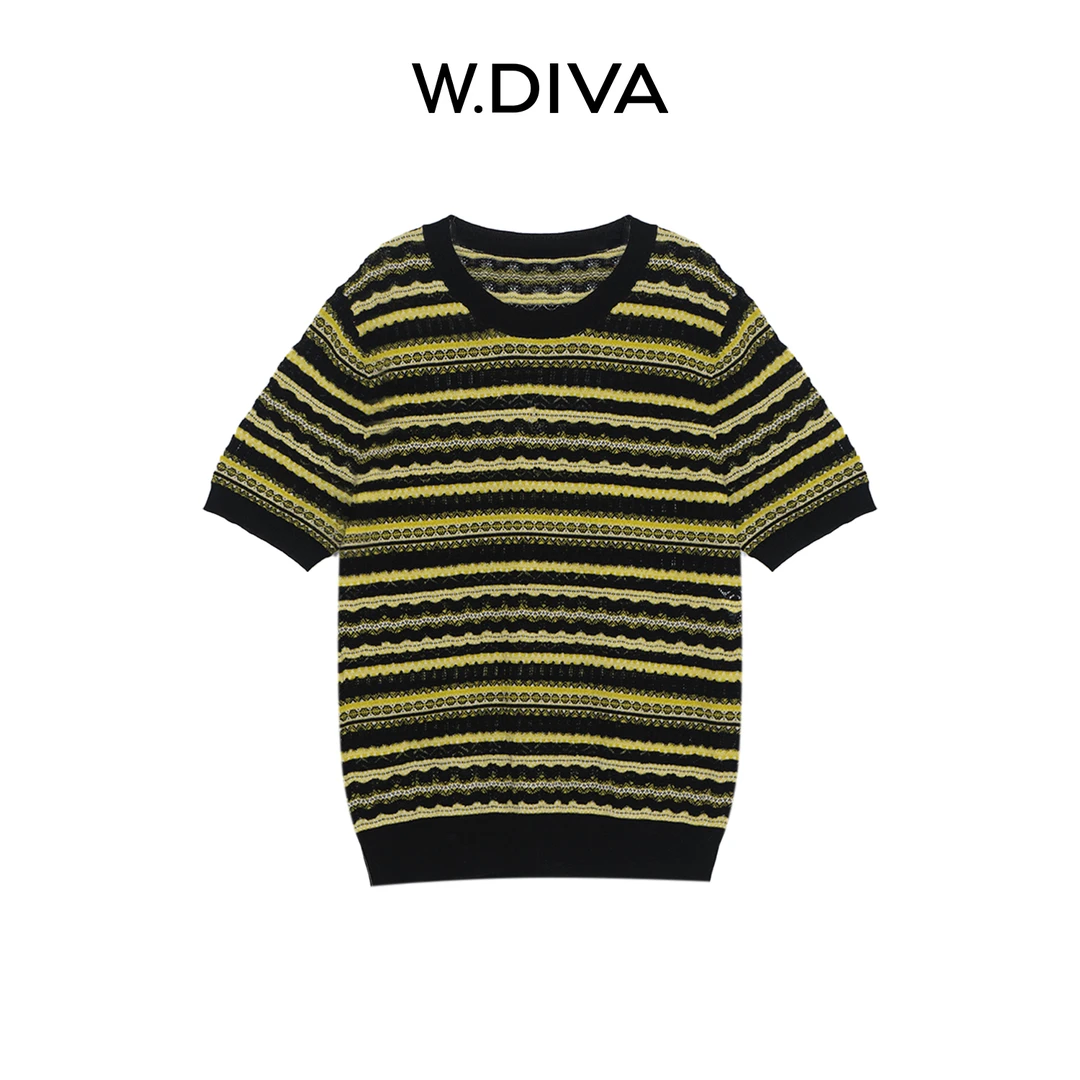 W.Diva【复古信号】费尔岛羊毛撞色浪漫条纹短袖针织毛衫52Z222505