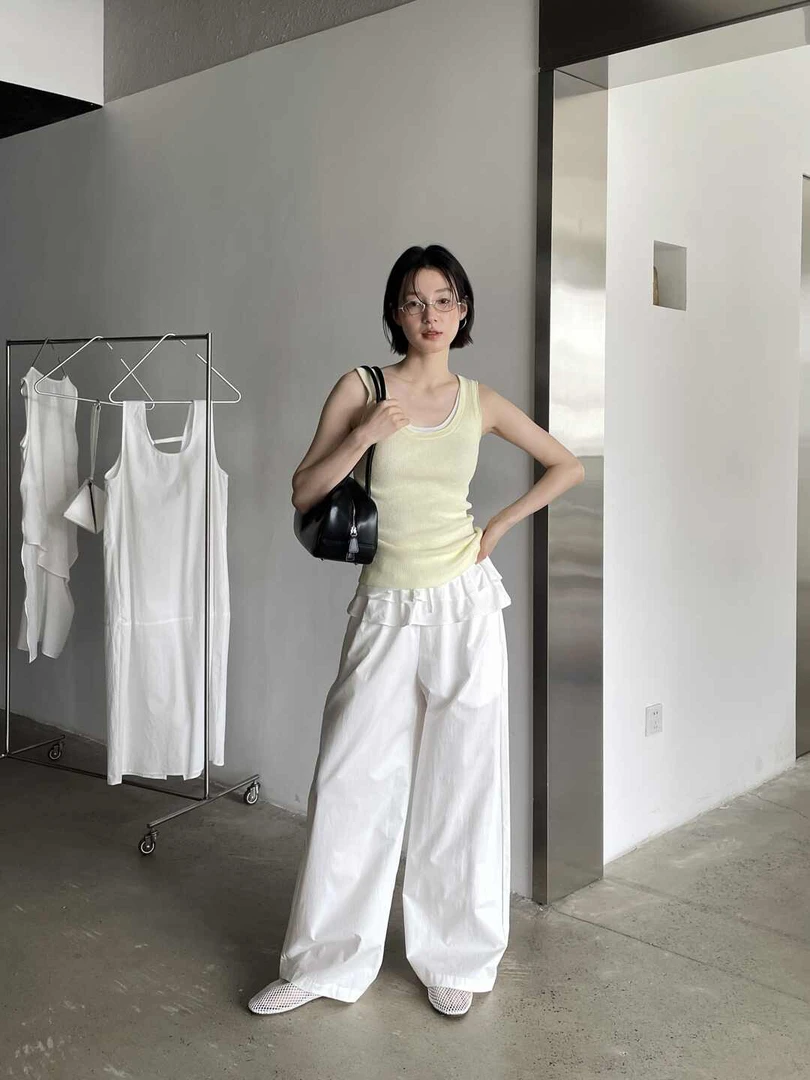 22079宽松设计感100棉花苞裤垂感百搭休闲直筒长裤女夏季