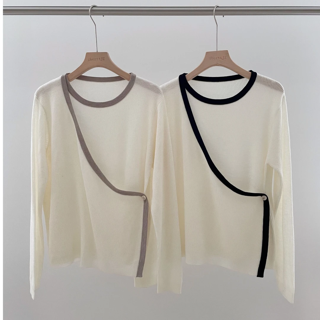 气质韩版针织长袖显瘦白色短款时尚百搭夏季薄款设计款套头衫