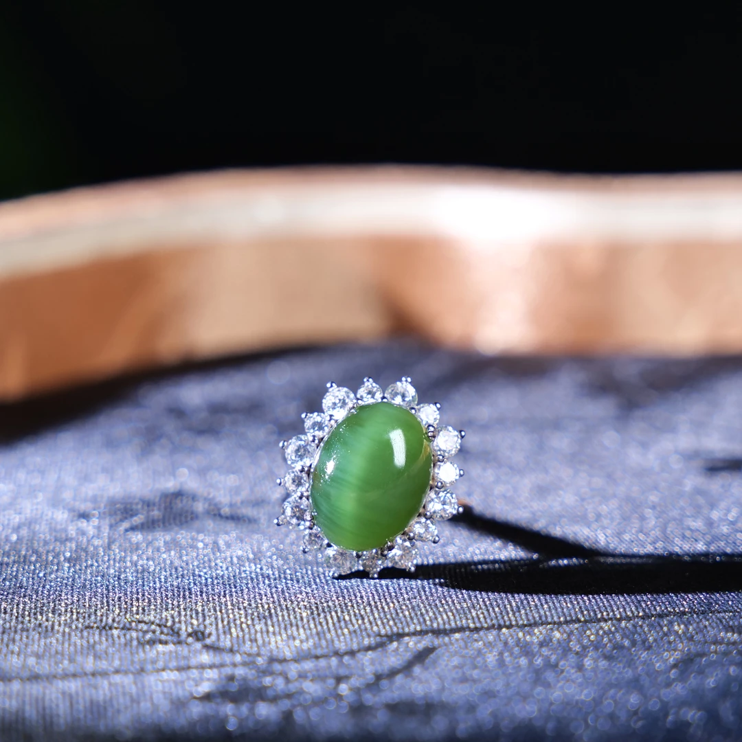 【小雨来了】925银镶嵌碧玉猫眼蛋面戒指 指环 多样性发一件