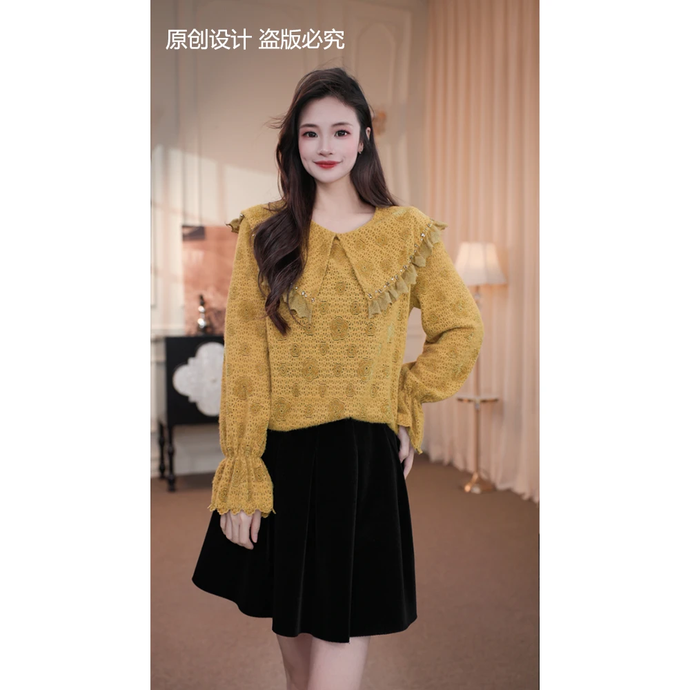 旷宁宁·山茶花海·秋装花朵拼接气质设计感优雅小衫上衣女装-91162