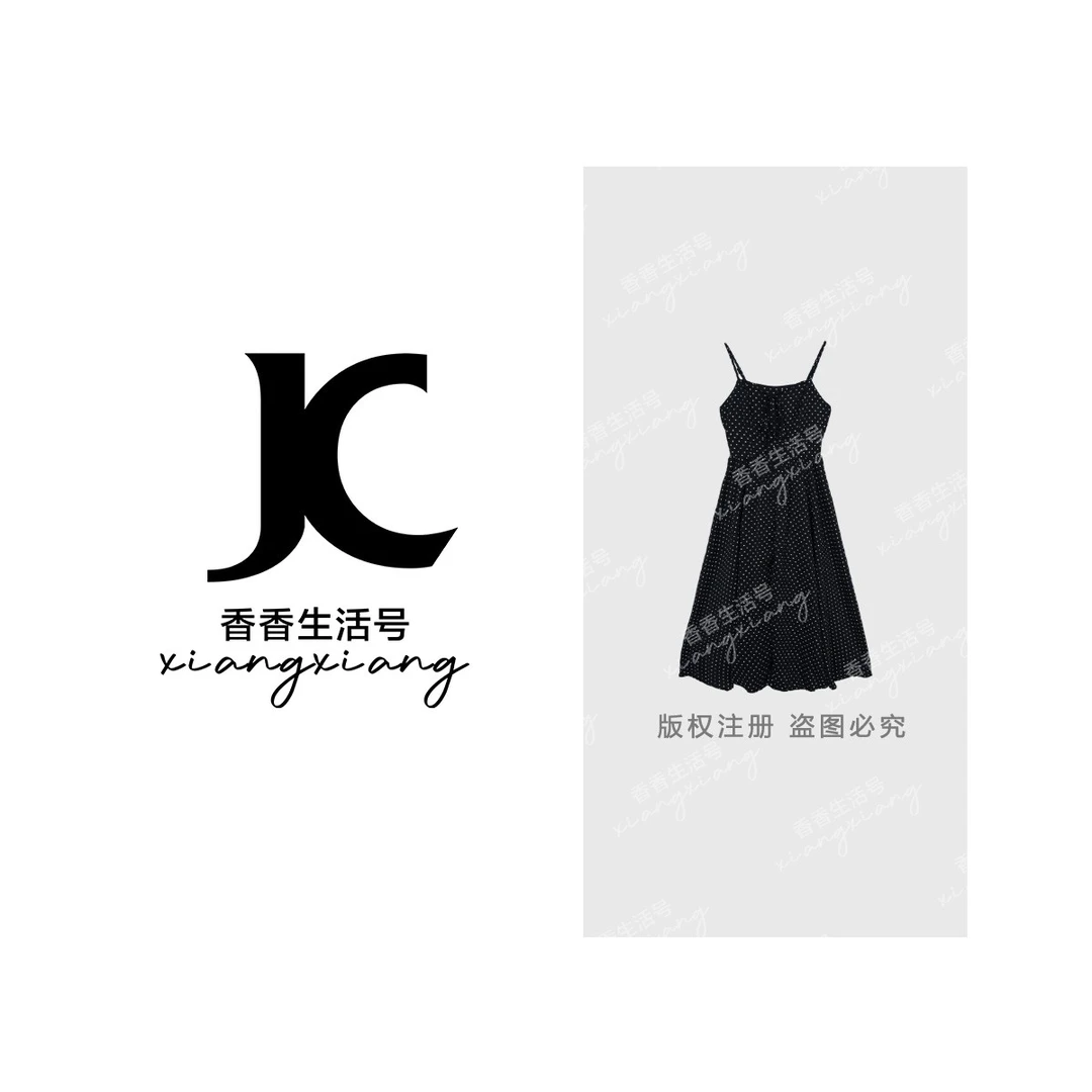 【珊珊严选】”赫本花园“波点细肩带挂脖设计优雅中长雪纺连衣裙1332