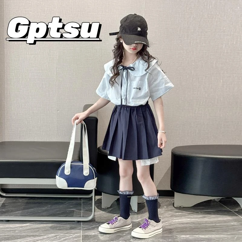 GPTSu女童套装2025款儿童短袖衬衫中大童学院风JK百褶裙两件套裙