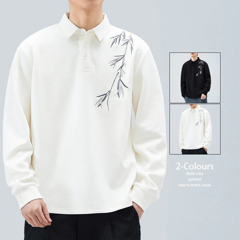 2025春装新款男士中国风长袖polo衫卫衣潮流休闲宽松衬衫