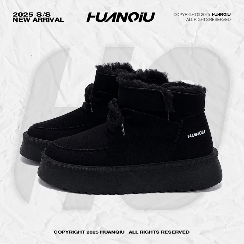 环球黑色保暖雪地靴男款2025新款冬季厚底男鞋户外加绒加厚大棉鞋