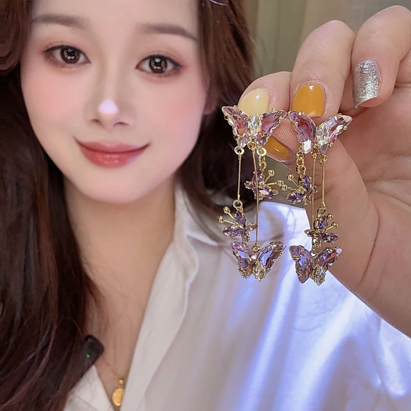 铜合金锆石耳饰 超仙紫色蝴蝶流苏耳钉女气质轻奢甜美设计感耳环