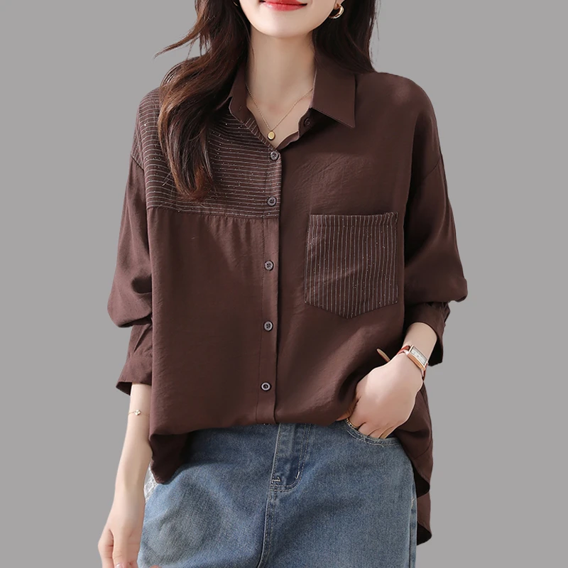 长袖条纹时尚衬衫女2025秋季新款洋气减龄宽松大码显瘦设计感上衣