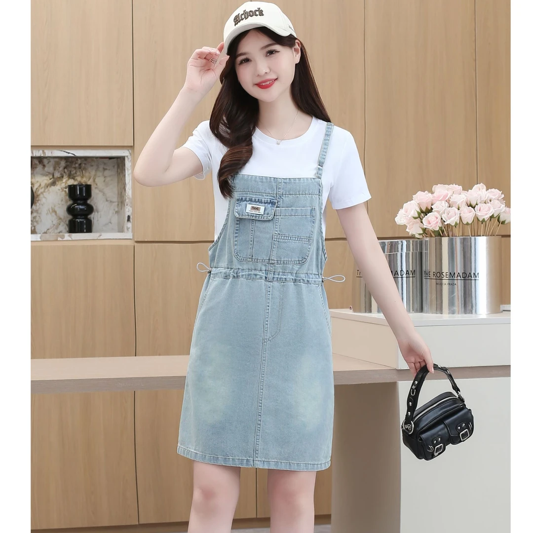 2506【衣长53裙长85】收腰牛仔背带连衣裙子短袖上衣两件套薄款夏装