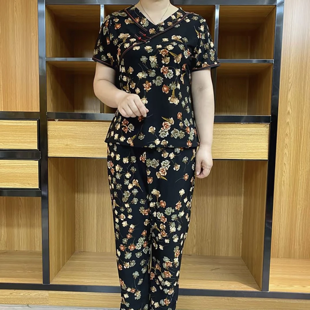 新款套装显瘦薄款V领时尚九分裤中老年女装印花宽松休闲