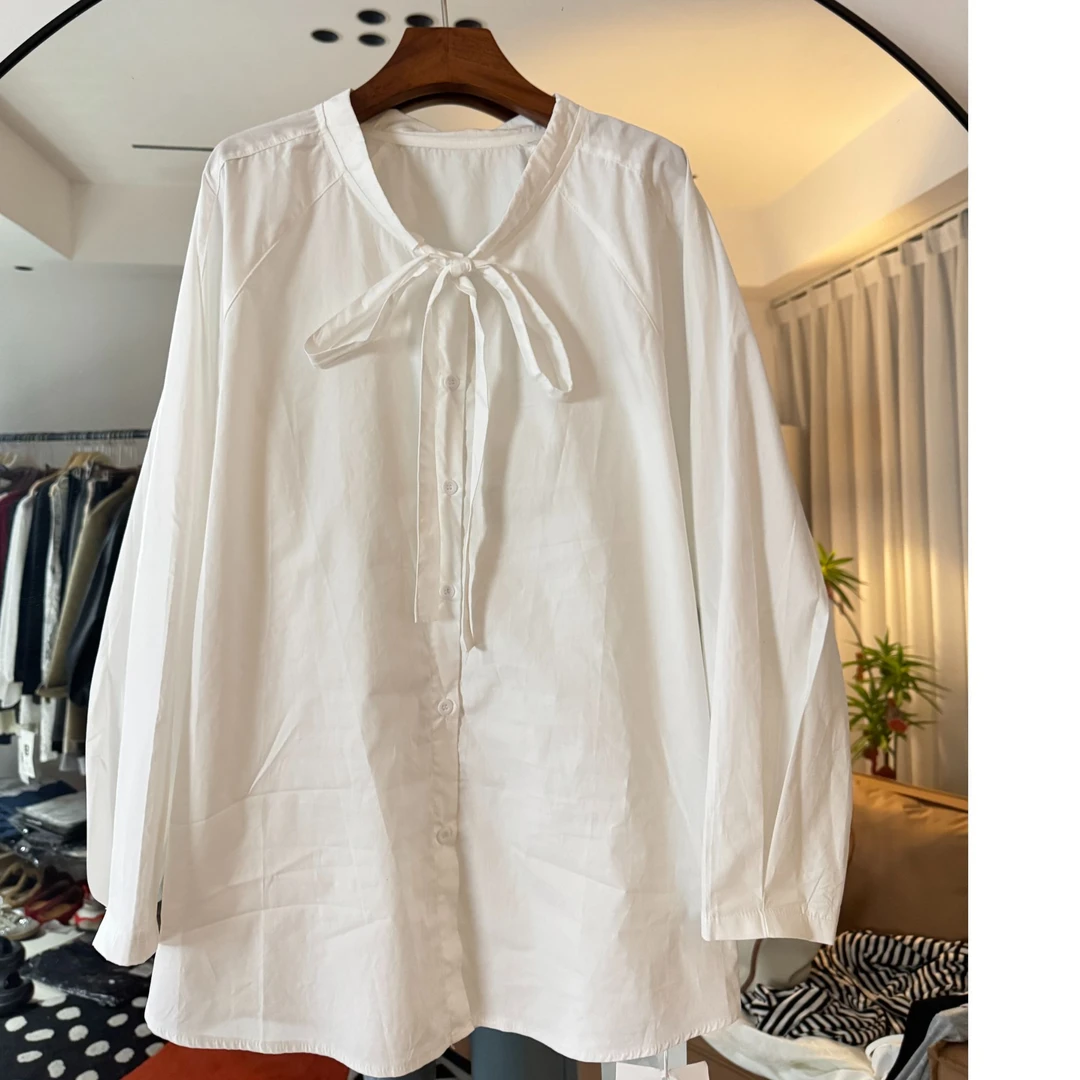 阿毛家2025春季新款宽松时尚韩版飘带衬衫休闲百搭纯色设计感