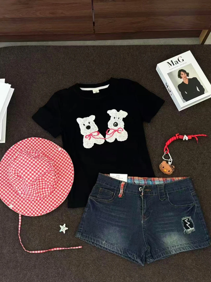 甜美风可爱小狗毛巾绣夏季新款设计感短款修身短袖T恤