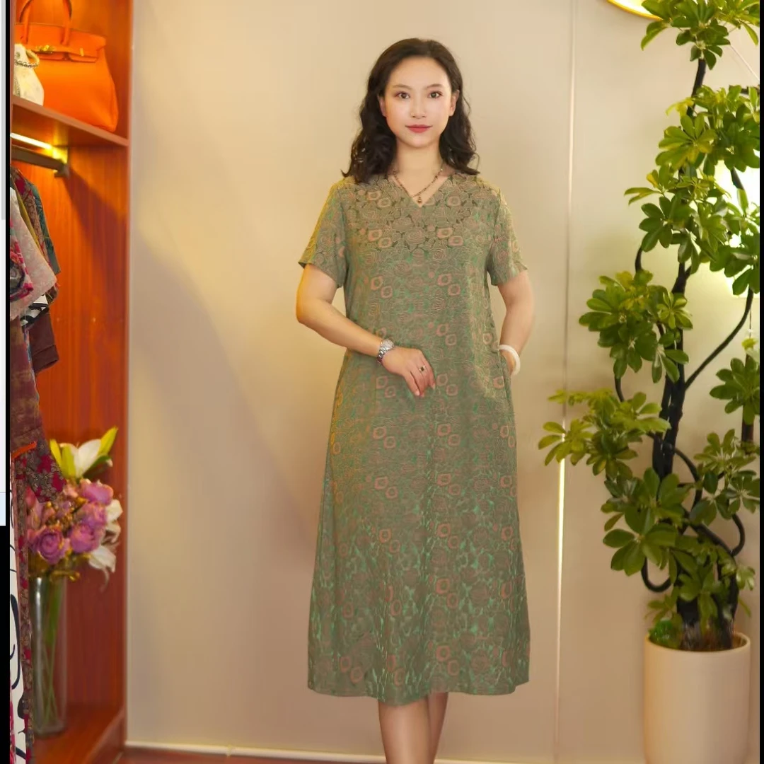 V领喜字玫瑰裙 气质中长款夏季时尚连衣裙百搭遮肉裙子10220-888