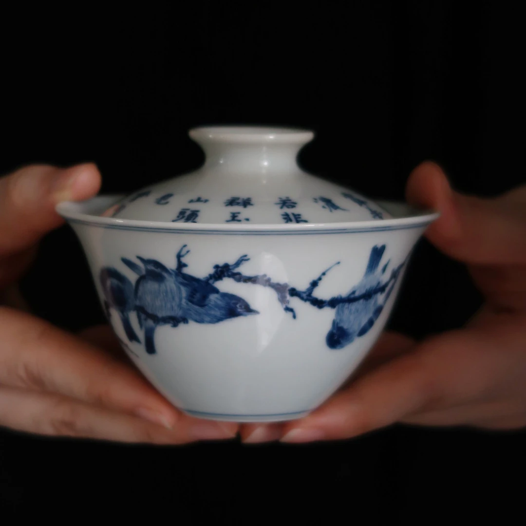 仿古泥青花禽鸟两才盖碗纯手工手绘景德镇陶瓷功夫茶具