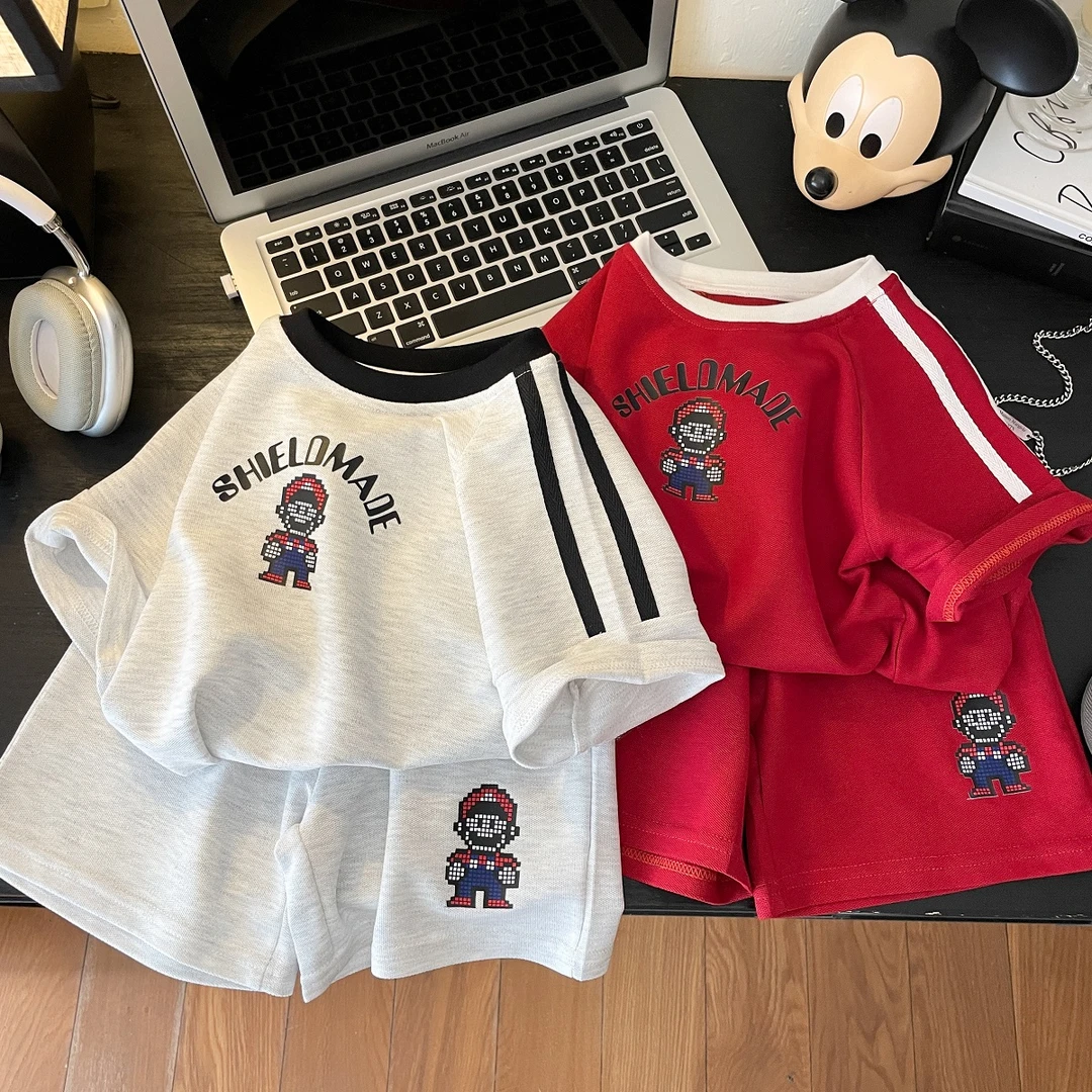 夏季新款男童棉卡通休闲时尚短袖短裤套装洋气2025韩版运动儿童