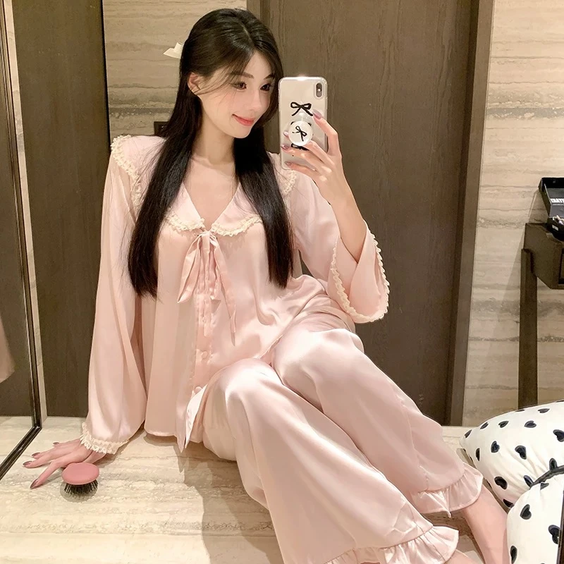 2025夏季新款轻奢知性条长袖蕾丝边时尚四件套家居服套装女士