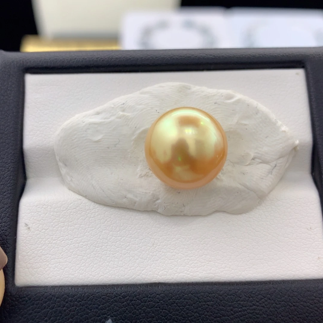 未镶嵌裸珠定制海水珍珠12.9mm孤品极光浓茶金孔后无暇