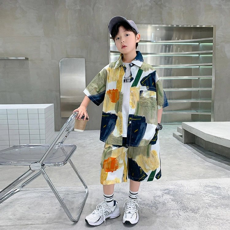 G6060夏季男女童潮牌油画风休闲套装薄款男孩