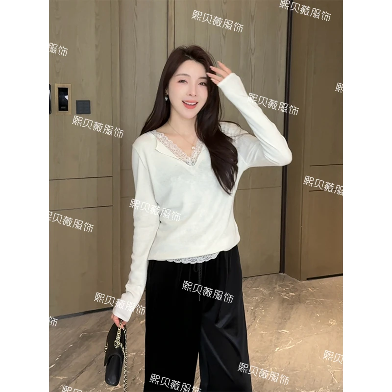 熙贝薇2【蕾丝绮梦】醋酸羊毛蕾丝长袖V领拼接假两件针织衫 G5277