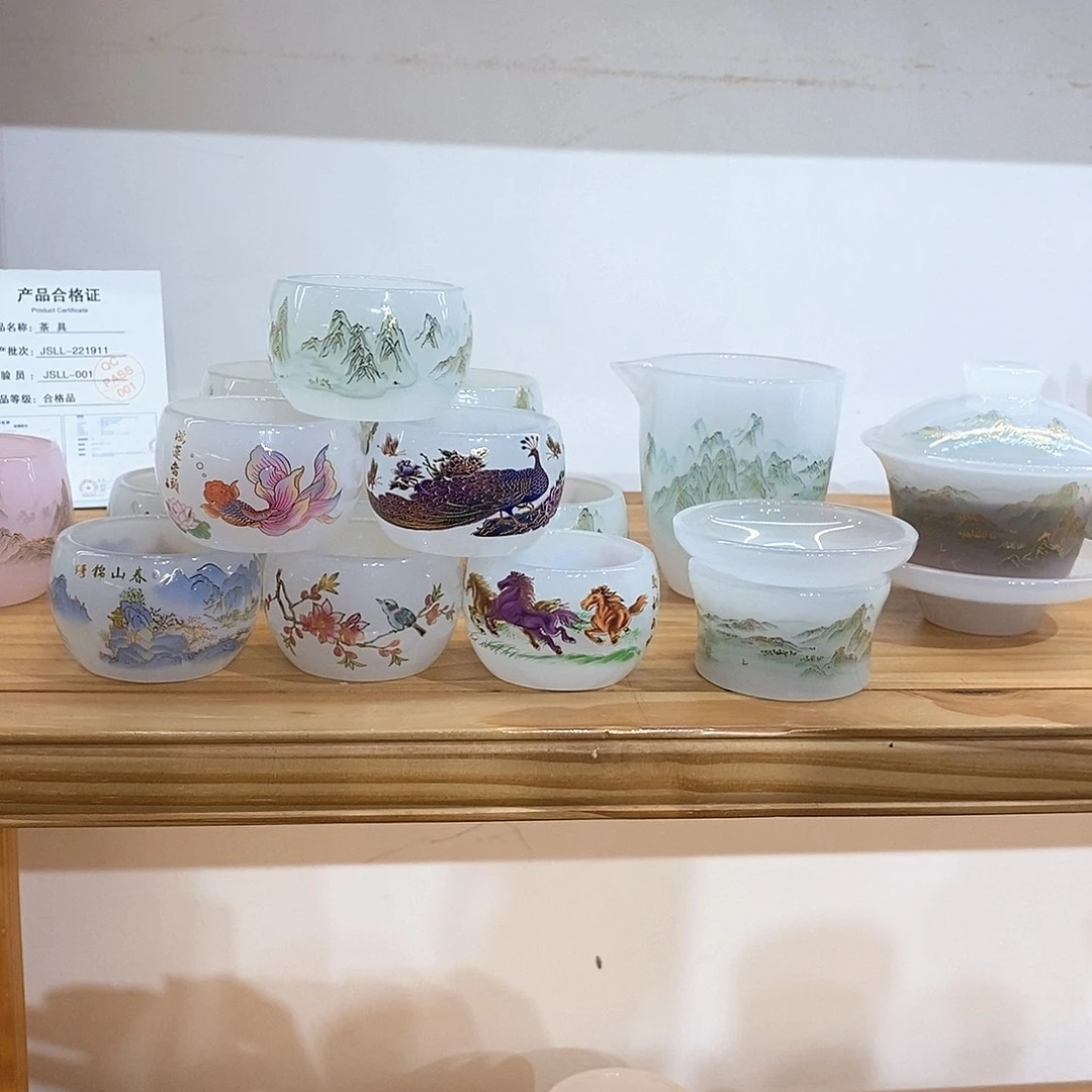 手工艺品琉璃千里江山套装 搭配客杯 不带礼盒