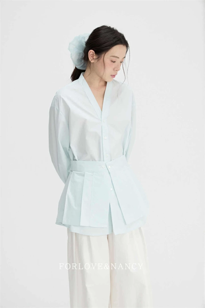 11633韩系简约V领文艺浪漫感棉制两件套衬衫(配可拆卸屁帘)