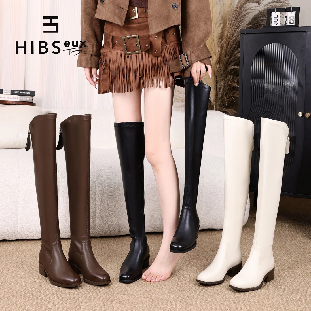 Hibseux/槿奢秋冬新款高筒时尚舒适后拉链过膝靴潮流加绒瘦瘦靴
