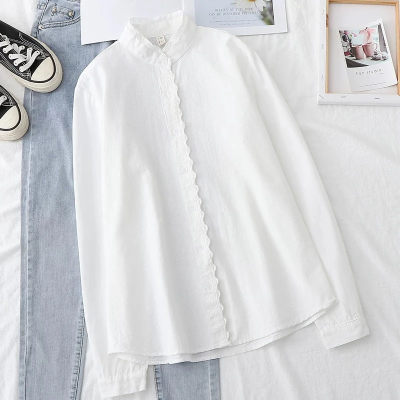 春季新款韩版休闲时尚白色花边立领长袖衬衫女韩版宽松气质上衣女
