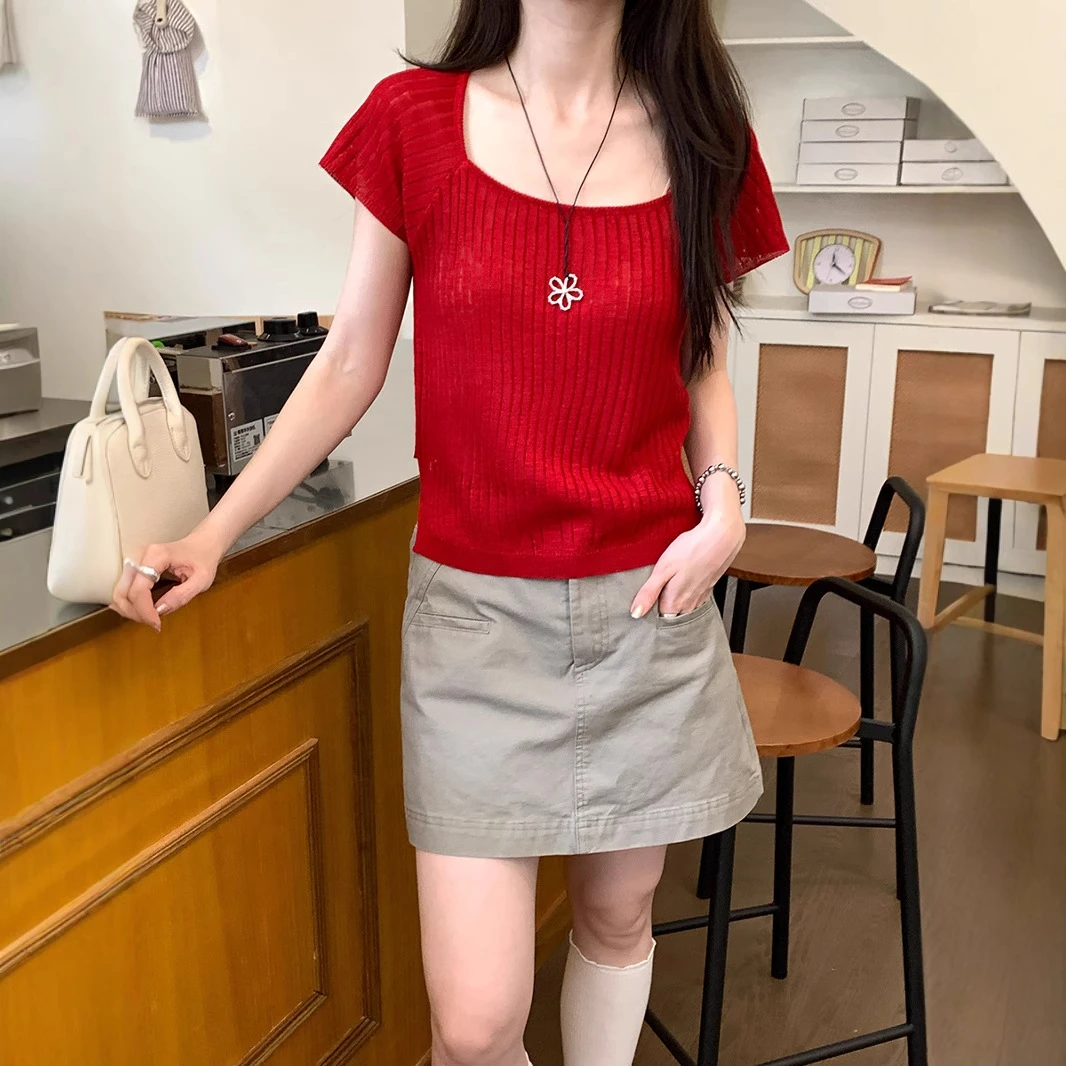 韩系设计感后绑带多巴胺短袖针织衫女夏季新款休闲方领上衣