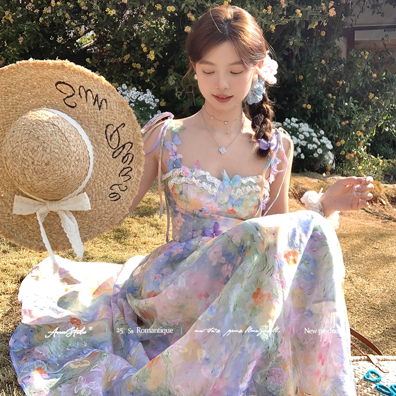 Acaine 浮光莫奈 日常气质油画氛围初恋法雅春日蝴蝶连衣裙