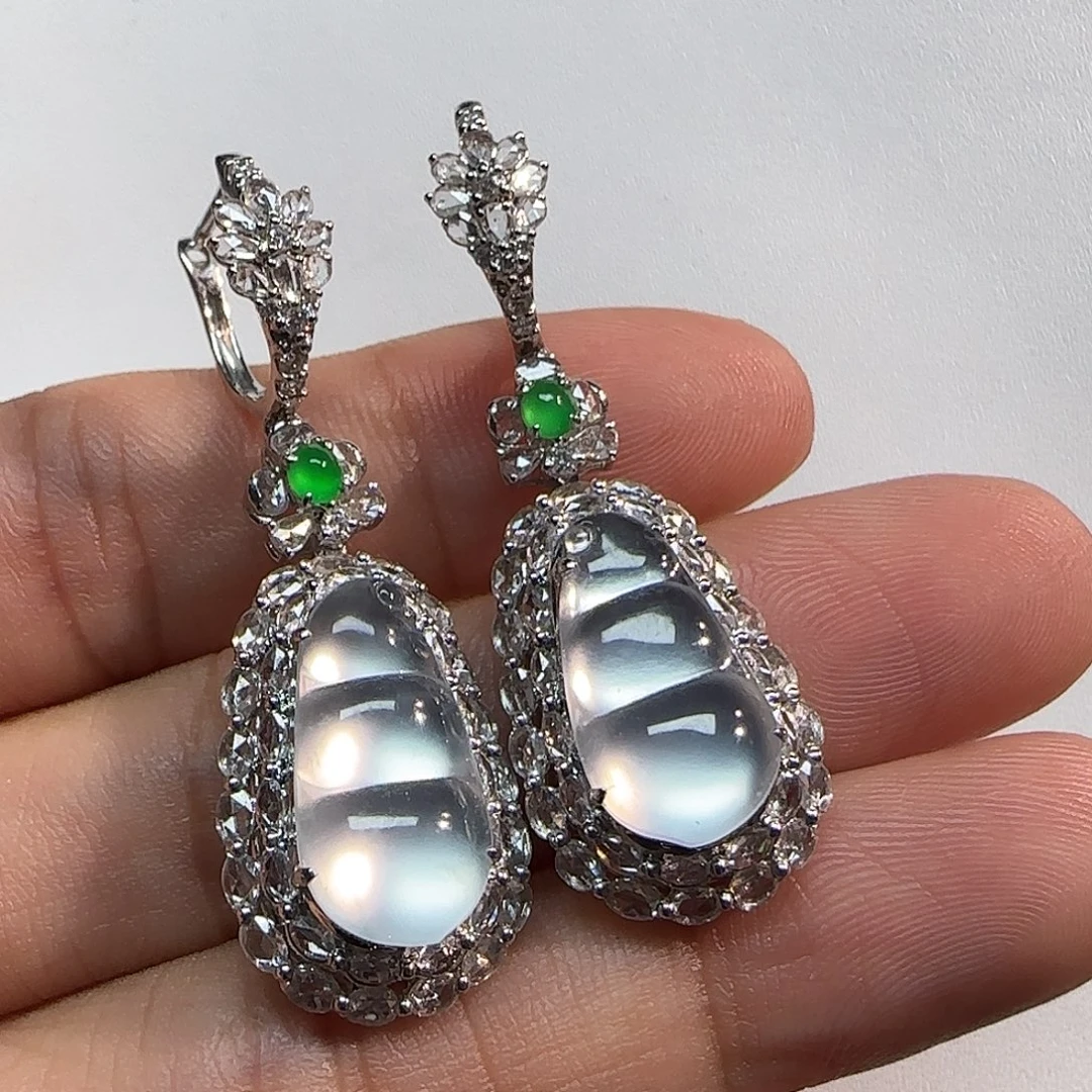 翡翠18K金镶嵌耳坠福豆