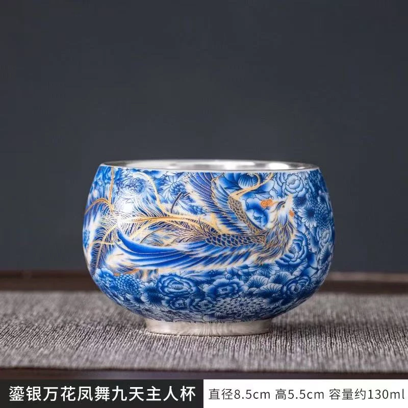 秋香茶具 青花凤瓷胎包银缸杯主人杯品茗杯-2306