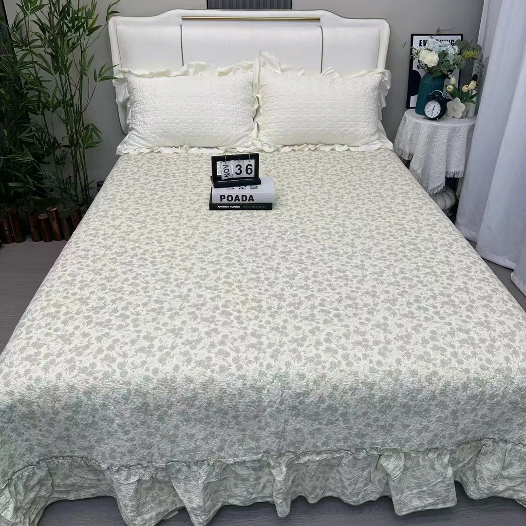 【秋冬新品】玫瑰派对-绿-加大床裙款床盖【250*250】亲肤加厚