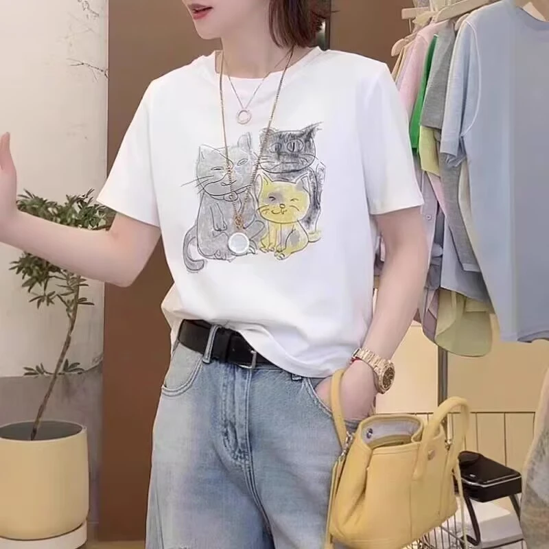 卡通猫咪短袖T恤女2025夏季新款时尚百搭洋气小个子简约短款上衣