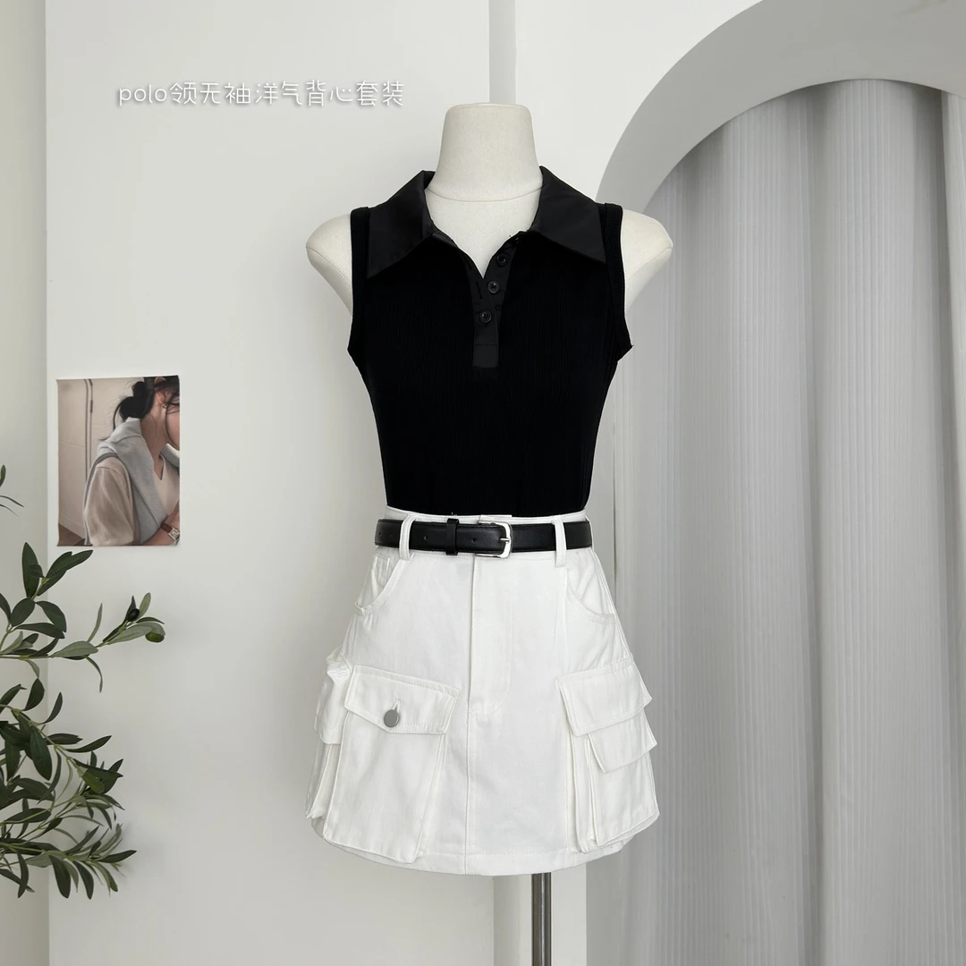 2025夏季时尚洋气韩系POLO领修身无袖背心显瘦工装牛仔短裙裤套装