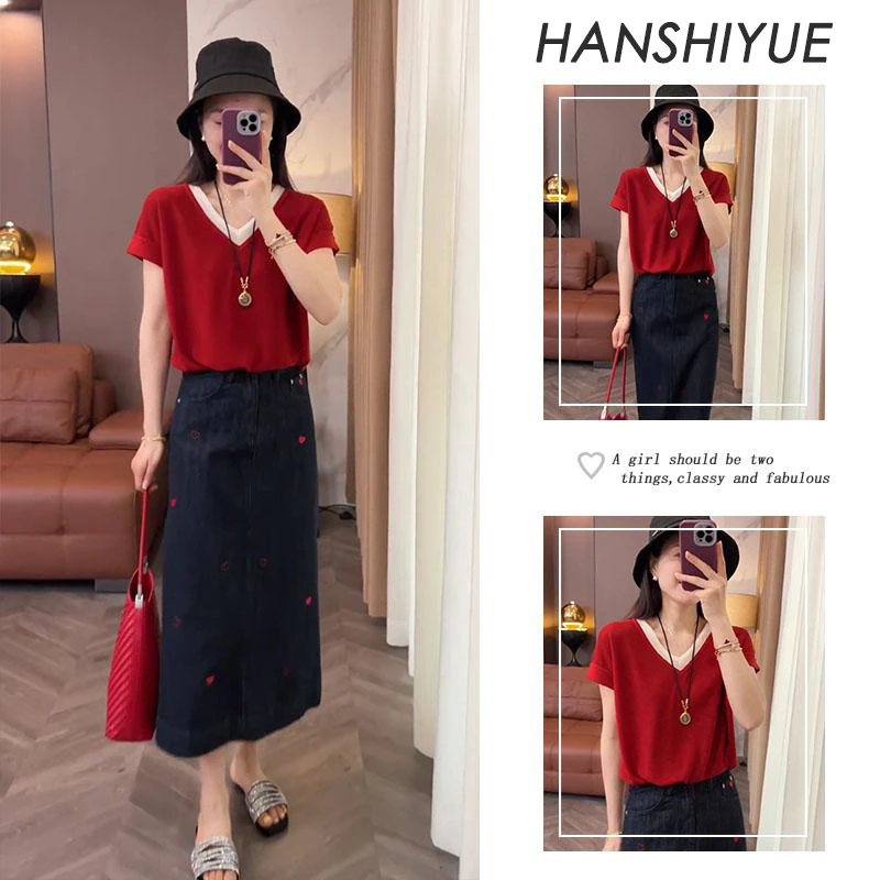 夏季穿搭套装女2025新款韩系简约假两件短袖上衣显瘦半身裙两件套