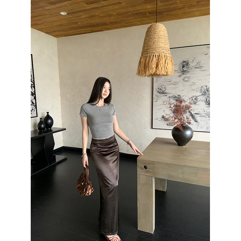 YOKLASS少女家 咖色显瘦百搭直筒半身裙舒适感长裙子 B35982S52