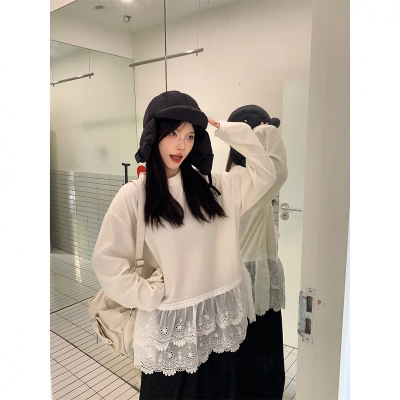 韩系时尚两件套宽松丝绒拼接花边打底蕾丝花边牛仔裤芭蕾风套装女