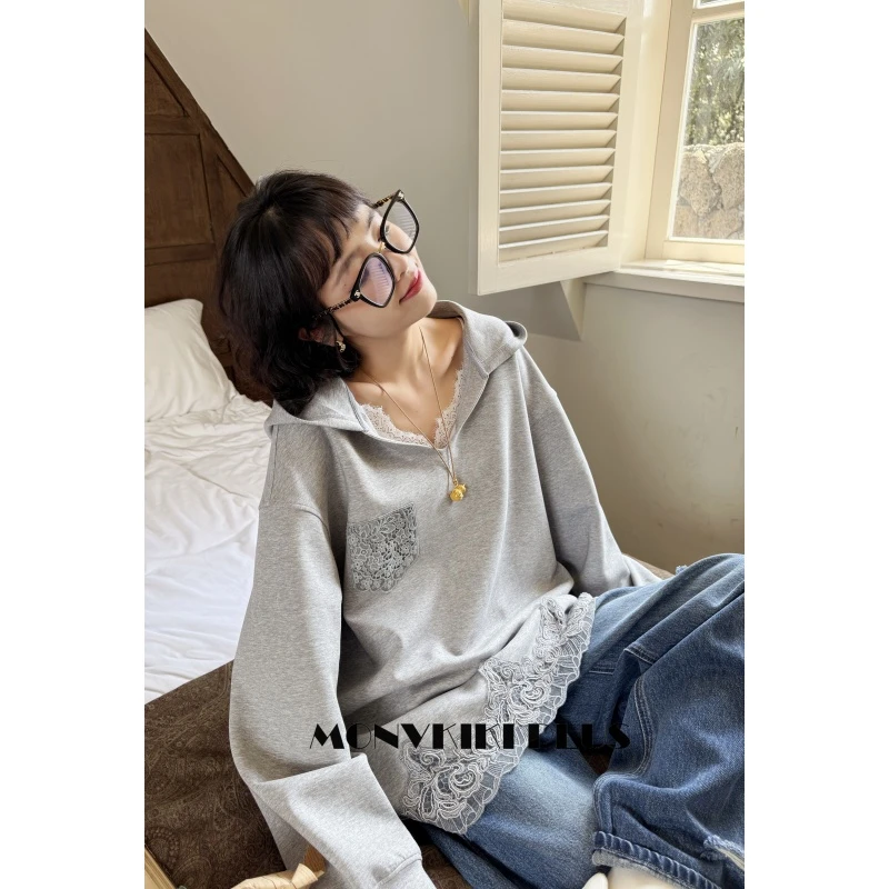 MoNvKiKiPlus2“星光”大码微胖空气层高质蕾丝连帽情侣卫衣#1768