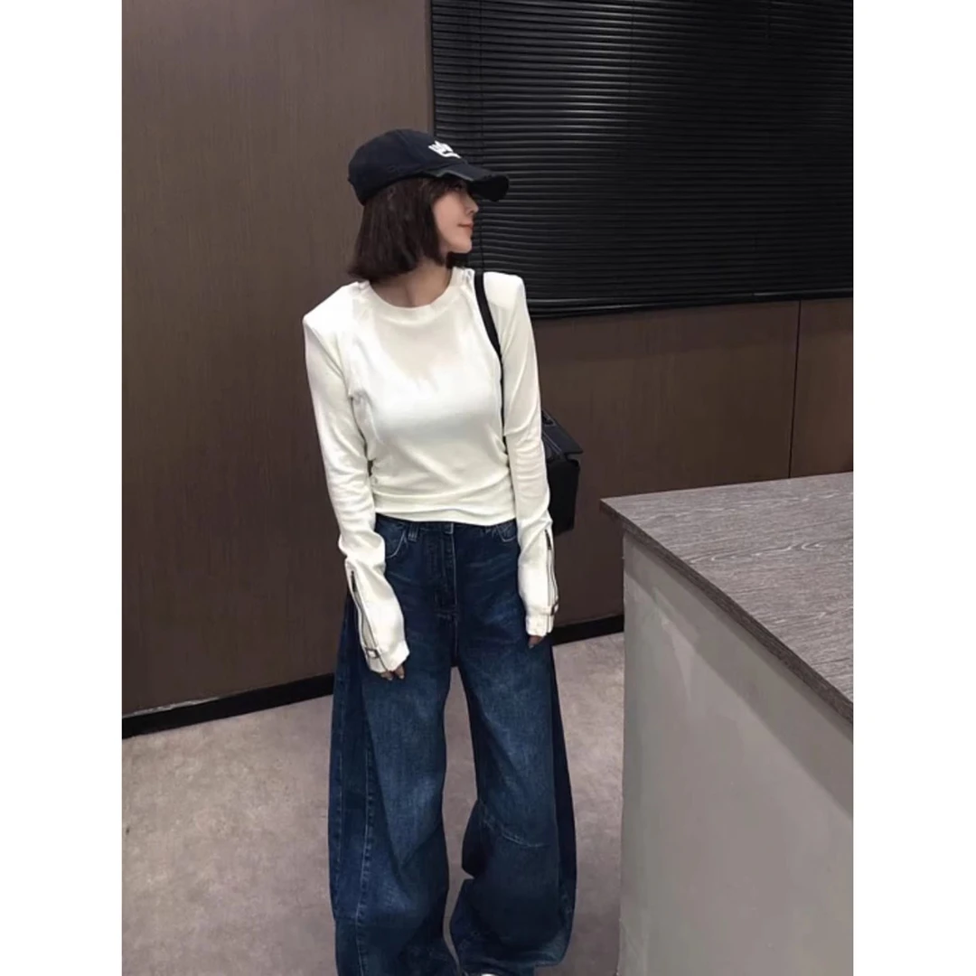 2025秋季新款时尚拉链长袖T恤女网红欧货设计百搭小众圆领上衣ins